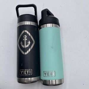 Lot Of 2 YETI Rambler Water Bottle Black Teal 18oz Insulated Cap SEE PICS